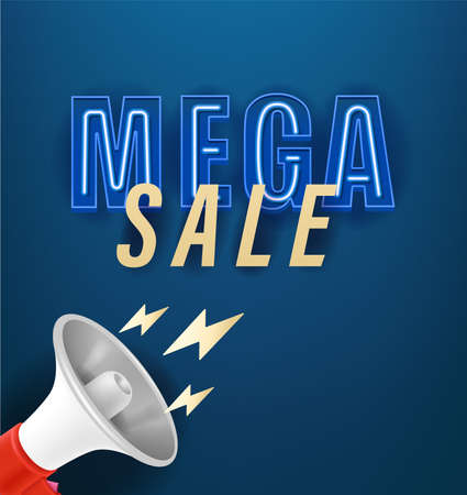 Mega sale announce banner. Cute cartoon 3d style vector illustrationのイラスト素材