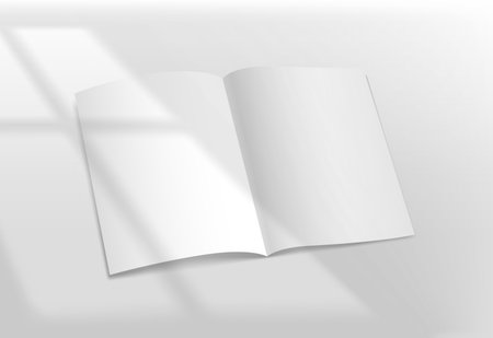 White opened book on a table with sun light from the window. Realistic vector mockup with sun flare effectのイラスト素材