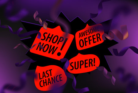 Super sale concept. Explotion effect with dirrerent shopping labels