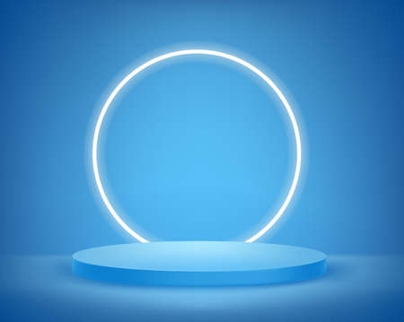 Blue Interior with circle neon light and showcase. Realistic 3d style vector illustrationのイラスト素材