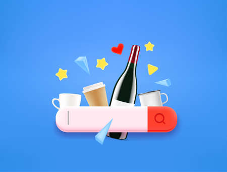 Searching for a beverage with search tab. 3d style vector illustrationのイラスト素材
