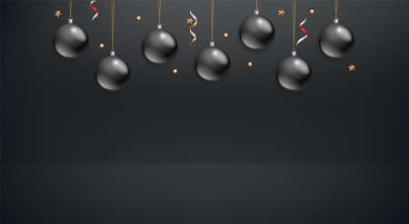 Black glass baubles on black background. Vector banner with copy spaceのイラスト素材