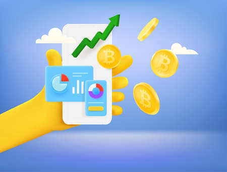 Cryptocurrency mining via smartphone concept. 3d style vector illustrationのイラスト素材