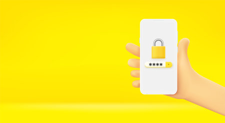 Man holding smartphone with security app. Horizontal vector banner with copy spaceのイラスト素材