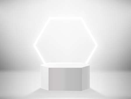 Bright Interior with neon glow and podium. Realistic 3d style vector illustrationのイラスト素材