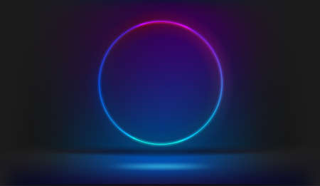 Circle neon glowing frame on dark room. Trendy color vivid gradientのイラスト素材