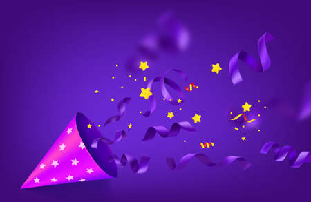 Happy holiday illustration with cone, ribbons and golden confetti. Vector conceptのイラスト素材