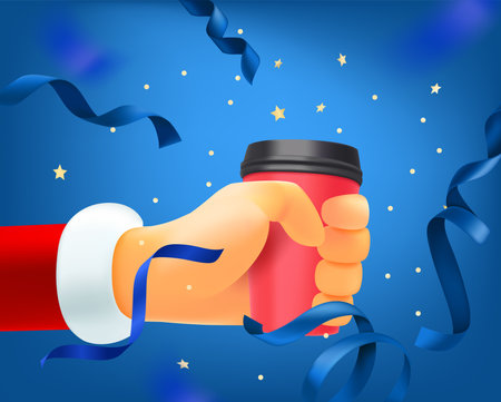 Santa giving a drink. 3d style vector banner with copy spaceのイラスト素材