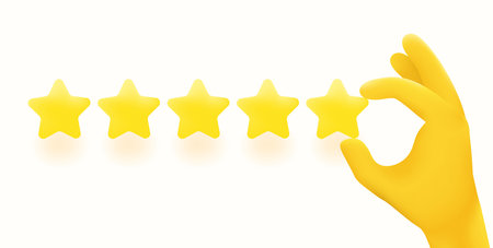 Making five star evaluation. Hand holding stars in a hand. 3d vector illustration