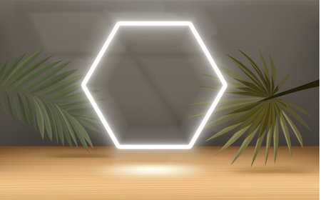 Wooden empty interior mockup with podium and palm leaves. Template for design. Vector 3d illustrationのイラスト素材