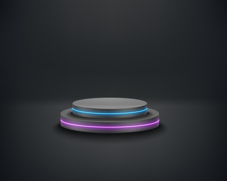 Black room with christmas elements and neon glowing podium. 3d vector illustrationのイラスト素材