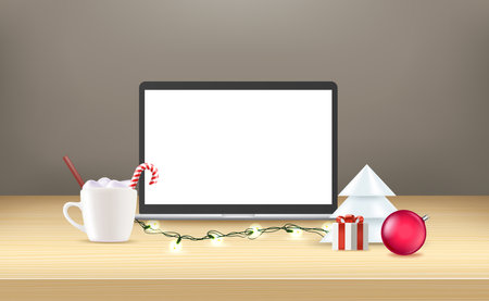 Modern laptop with blank screen on a wood table with crhistmas decorations. 3d vector banner with copy spaceのイラスト素材