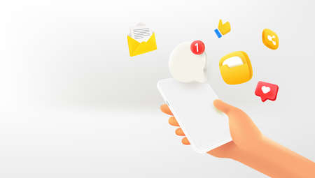 Man using modern mobile applications. 3d vector banner with copy spaceのイラスト素材