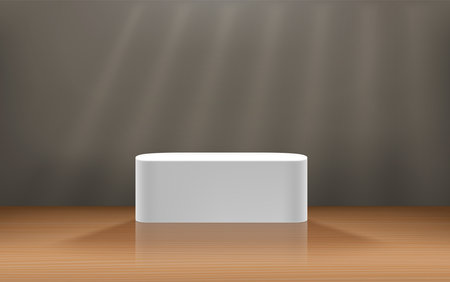 Wooden empty interior mockup with podium and mirror floor. Template for design. Vector 3d illustrationのイラスト素材