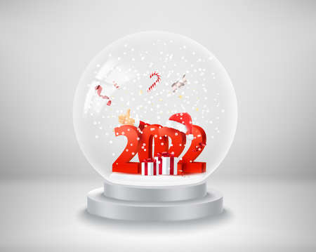 Transparent glass ball with snow and 2022 digits. Happy new 2022 year greeting cardのイラスト素材