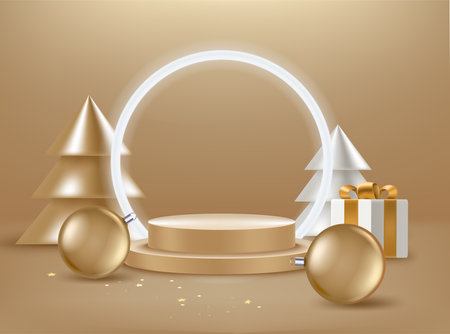 Christmas greeting card with abstract pines, gift box and golden baubles. 3d vector banner with copy spaceのイラスト素材