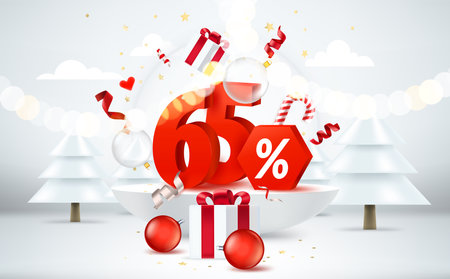 Season sale banner. Bright room with christmas elements and digits. 3d style vector bannerのイラスト素材