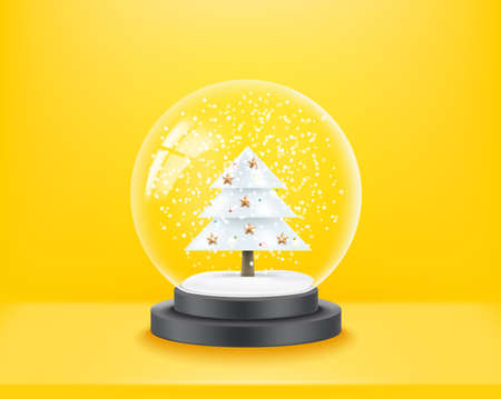 Transparent glass crystal ball with snow and christmas tree. 3d vector illustration with copy spaceのイラスト素材