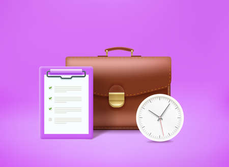 Briefcase with contract and clock. Time management concept. 3d vector illustrationのイラスト素材