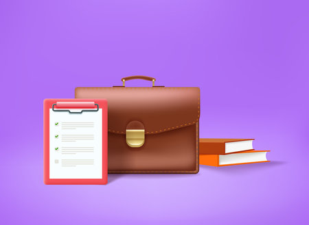 Briefcase with contract and books. 3d vector illustrationのイラスト素材