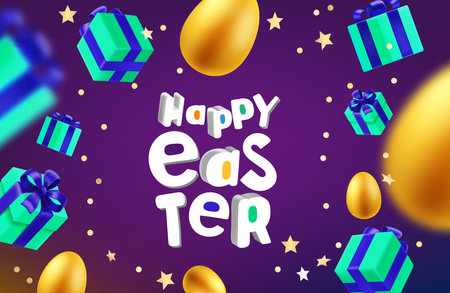 Gift boxes and eggs in the air. Happy Easter card mock upのイラスト素材