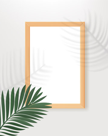 Empty wood frame on the table with palm leaves shadows. 3d vertical vector mockup for designのイラスト素材