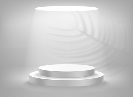 Empty illuminated room with round podium and shadows of plant. Realistic 3d vector illustrationのイラスト素材