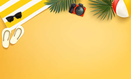 Travelers things on a beach. Sunglasses, photo camera, towel with stripes, beach ball, palm leaves and slippers on a sand. 3d vector illustration with copy space for a textのイラスト素材