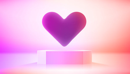 Studio with vivid hologram glow effect and heart shape. Vector 3d illustration with copy spaceのイラスト素材