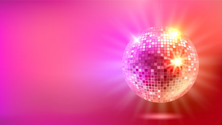 Bright glowing red disco ball. Vector 3d banner with copy spaceのイラスト素材