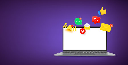 Modern laptop mockup with notifications of messengers. Horizontal vector banner with copy spaceのイラスト素材