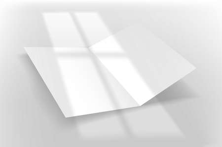 White paper booklet on a table with light of the window shadow overlay. Realistic vector mockup with sun flare effectのイラスト素材