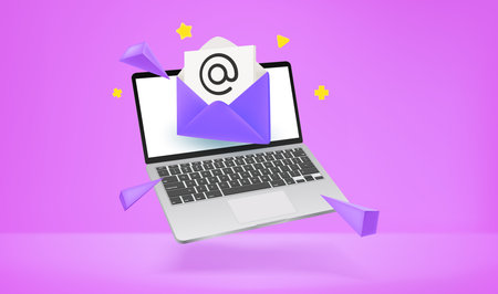 Sending and receiving emails via modern laptop. 3d vector illustration