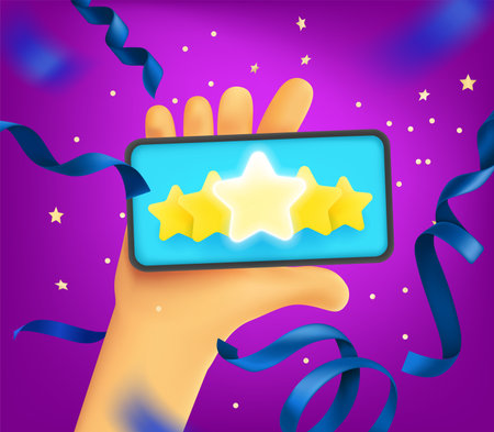 Man holding modern smartphone with five star rating on the screen. 3d vector illustrationのイラスト素材