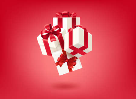 White gift boxes on red background. holiday gifts concept. 3d vector illustrationのイラスト素材
