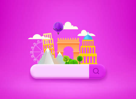 Searching for travel tour. World famous sights with searching bar. 3d vector illustrationのイラスト素材