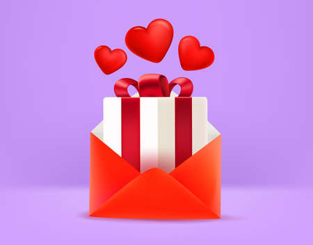 Paper envelope with gift box. love message concept. 3d vector illustrationのイラスト素材