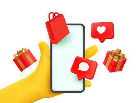 Online shopping concept. Man holding smartphone with mobile app. 3d vector illustration