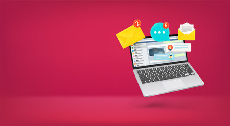 laptop with notifications. Vector banner with copy space