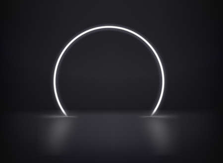 White neon glowing circle on dark interior. 3d vector template for designのイラスト素材
