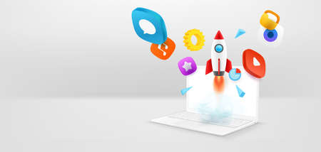 Start up concept with modern laptop with media icons. #d style vector bannerのイラスト素材