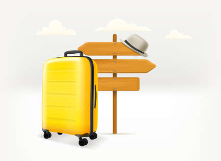 World travel concept with pointer and handbag. 3d vector illustrationのイラスト素材