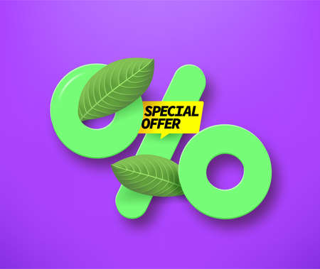 Spring and summer season sale banner with leaves and percentage sign. Special offer concept. 3d vector illustrationのイラスト素材