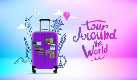Baggage with world sights silhouettes. 3d vector illustrationのイラスト素材