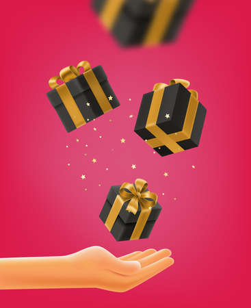 Human hand catching the gift boxes. 3d style vector illustrationのイラスト素材