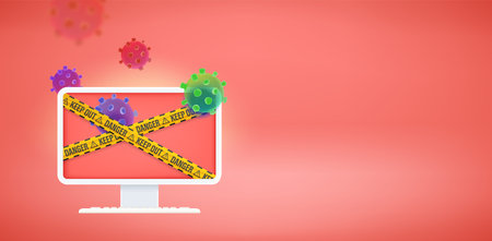 Aware of internet faraud and viruses. Modern computer monitor with ribbons on the screen. 3d vector...