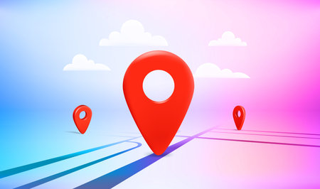 Map navigation red pointer on the road in perspective. Travel destination concept. vector 3d...