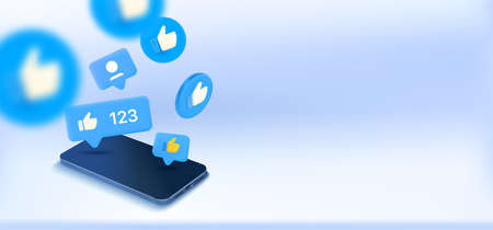 Social media notification bubbles with thumbs up symbols and mobile phone. 3d vector banner with copy spaceのイラスト素材