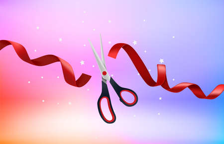 Scissors cutting red satin ribbon. 3d vector illustrationのイラスト素材