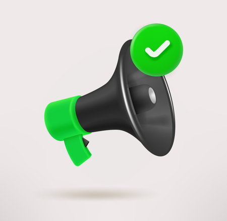 Loud speaker icon with checkmark. 3d vector iconのイラスト素材